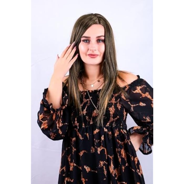 DILLARDS Synthetic Long Straight Hair Wig, Dark Brown with Blonde Highlights, Heat-Resistant Fiber, Natural Looking, Off-Shoulder Style - Image 1